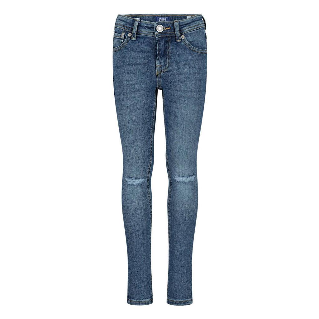 Medium blue denim jongens JACK & JONES super skinny jeans blue van stretchdenim met regular waist, rits- en drukknoopsluiting en effen