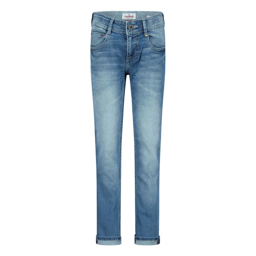 Medium blue denim jongens Vingino regular fit jeans van stretchdenim met rits- en drukknoopsluiting en effen