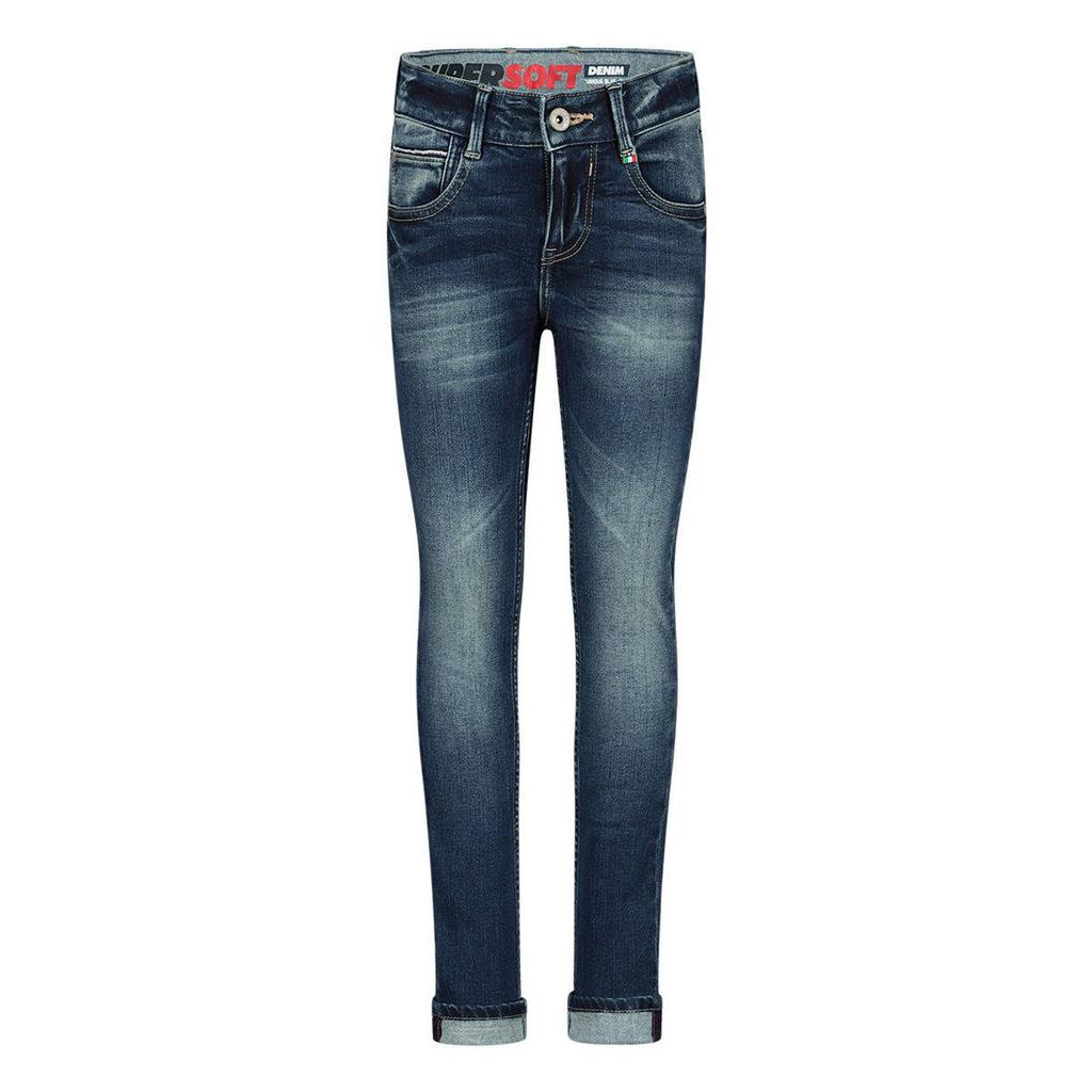 Dark blue denim jongens Vingino skinny jeans van stretchdenim met regular waist, rits- en drukknoopsluiting en effen