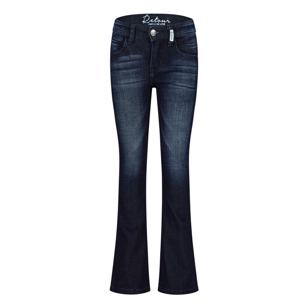 Dark blue denim meisjes Retour Jeans high waist flared jeans raw blue van stretchdenim met rits- en drukknoopsluiting en effen