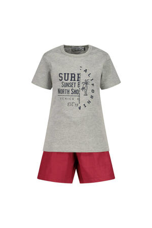 T-shirt + korte broek grijs melange/rood