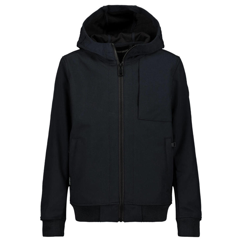 Zwarte jongens Airforce softshell jas zomer van polyester met effen, lange mouwen, capuchon en ritssluiting