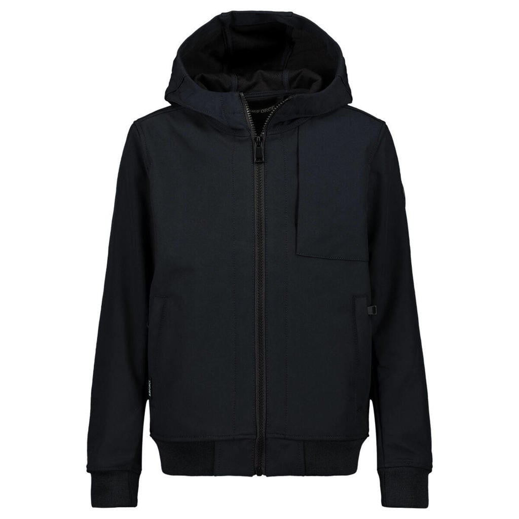 Zwarte jongens Airforce softshell jas zomer van polyester met effen, lange mouwen, capuchon en ritssluiting