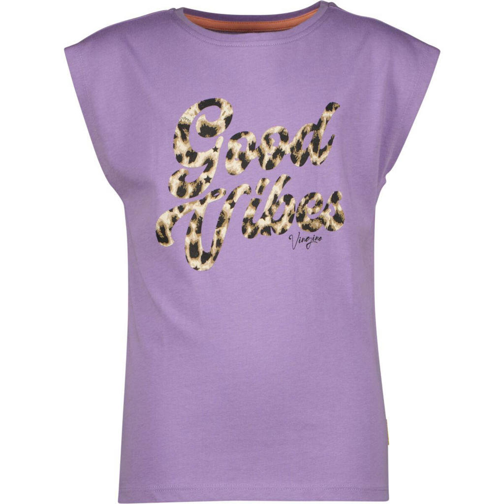 Paarse meisjes Vingino T-shirt van katoen met tekst print, kapmouwtjes en ronde hals