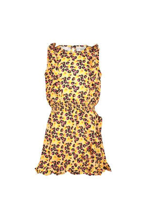jurk Daphne met all over print en ruches geel/bruin