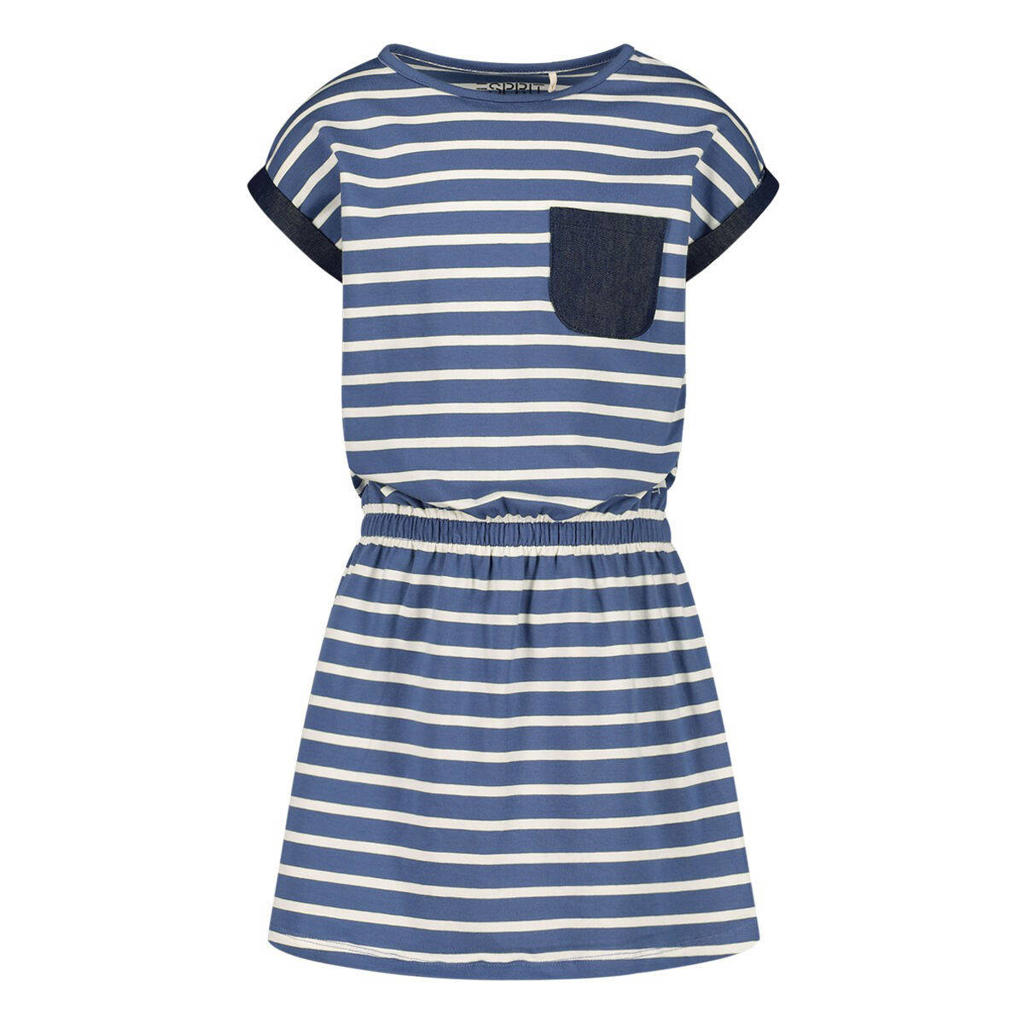 Blauw, wit en donkerblauwe meisjes ESPRIT gestreepte jurk van stretchkatoen met korte mouwen, ronde hals en elastische tailleband