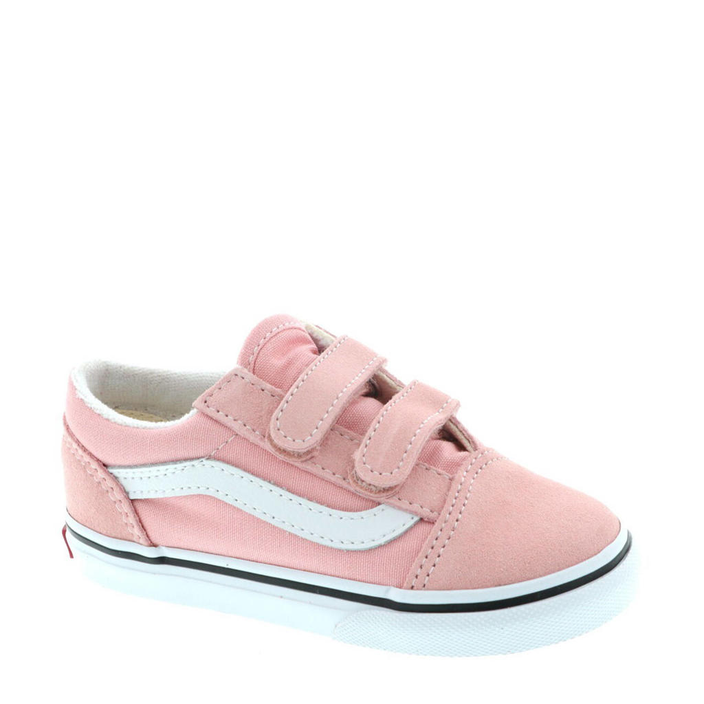 Roze en witte meisjes VANS Old Skool V sneakers van iel en suède met klittenband