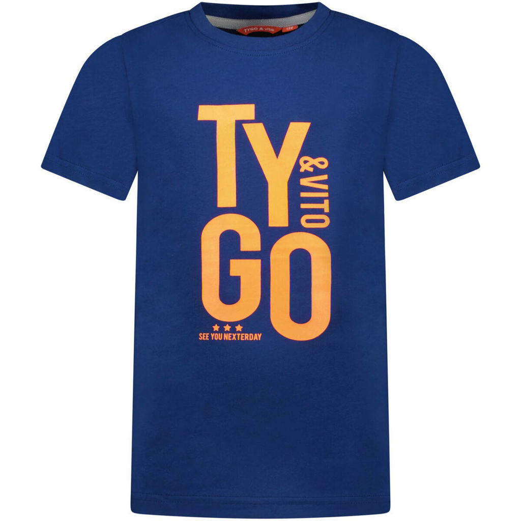 Blauwe jongens TYGO & vito T-shirt van stretchkatoen met korte mouwen en ronde hals