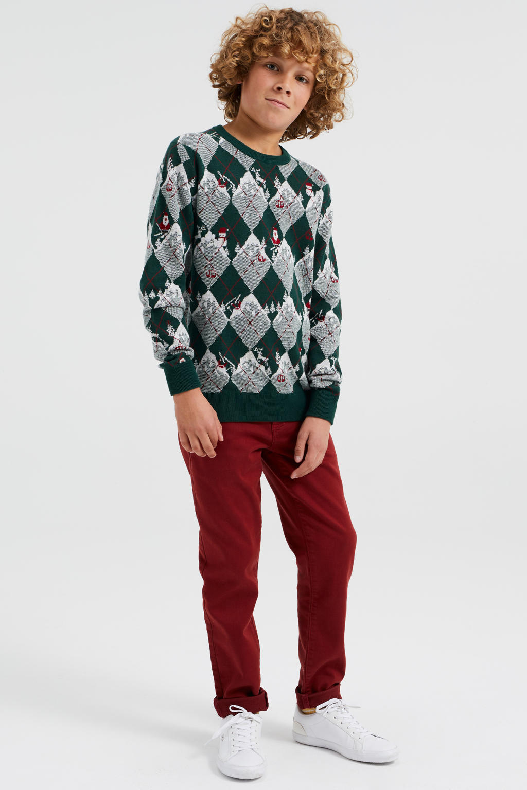 WE Fashion  kerstsweater met all over print donkergroen/wit/rood