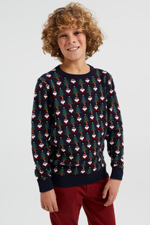 kerstsweater met all over print zwart/groen/rood
