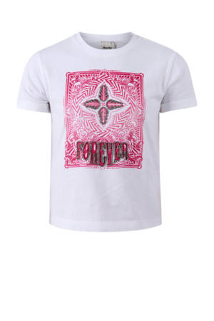 T-shirt Forever met printopdruk en kraaltjes wit/roze