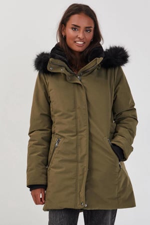 winterjas met imitatiebontkraag kaki