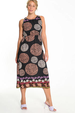 maxi A-lijn jurk met all over print zwart/oranje/ecru