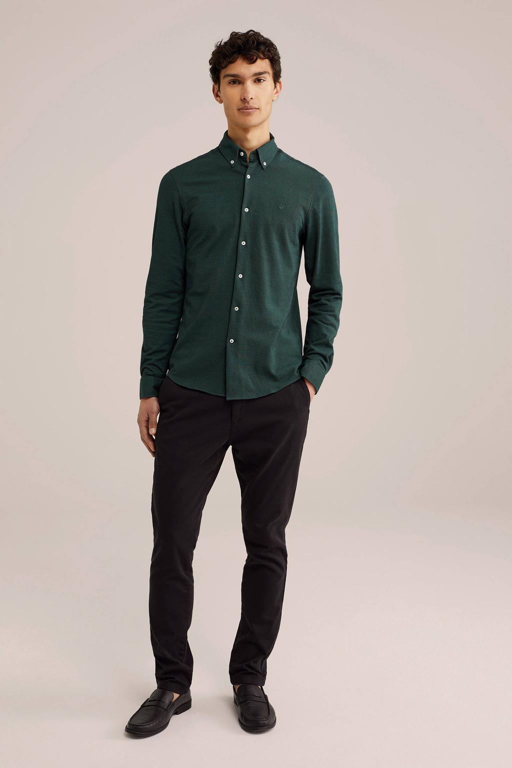 Donkergroene heren WE Fashion slim fit overhemd van katoen met effen, lange mouwen en button down sluiting