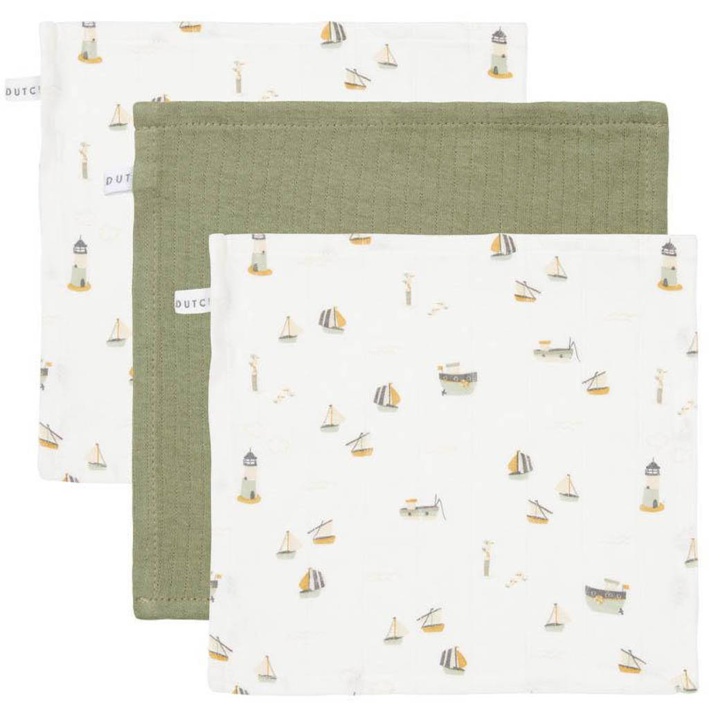 Little Dutch monddoekje Pure Olive / Sailors Bay White - set van 3