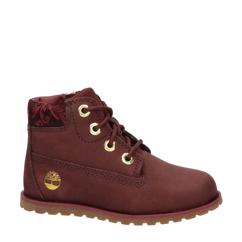 Bruin en rode jongens en meisjes Timberland Pokey Pine nubuck veterboots met profielzool en rits- en vetersluiting