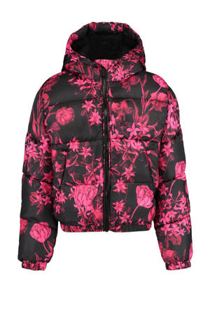 gebloemde gewatteerde winterjas Jayla roze/zwart