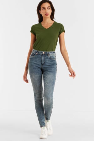 high rise skinny jeans mid blue wash