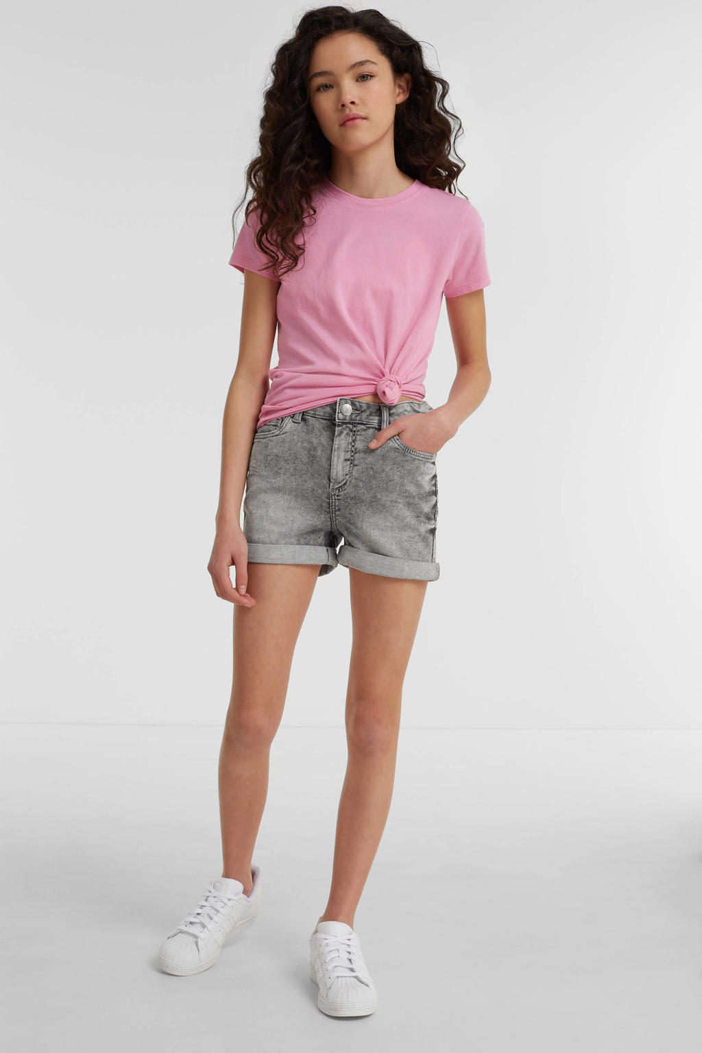 Grijze meisjes anytime short van denim met regular waist, rits- en knoopsluiting en effen