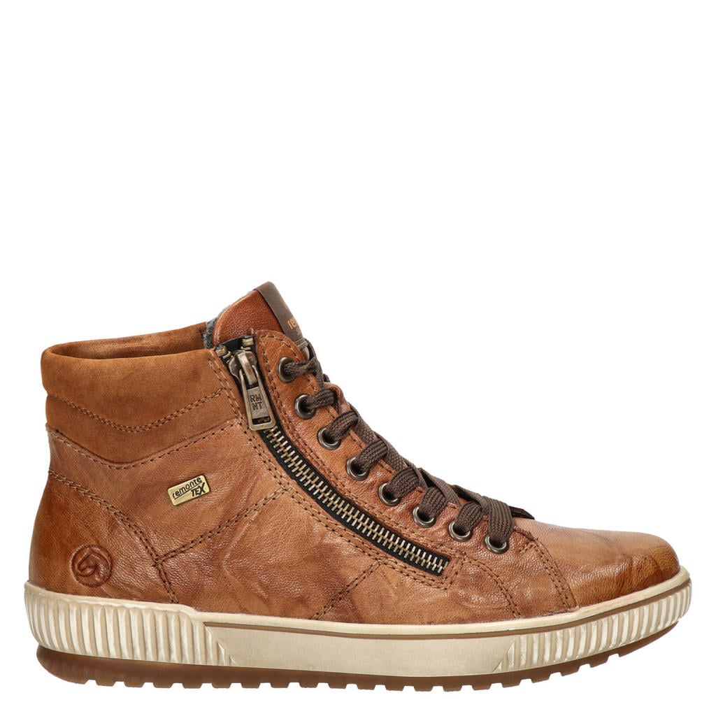 Cognackleurige dames Remonte sneakers van leer met veters