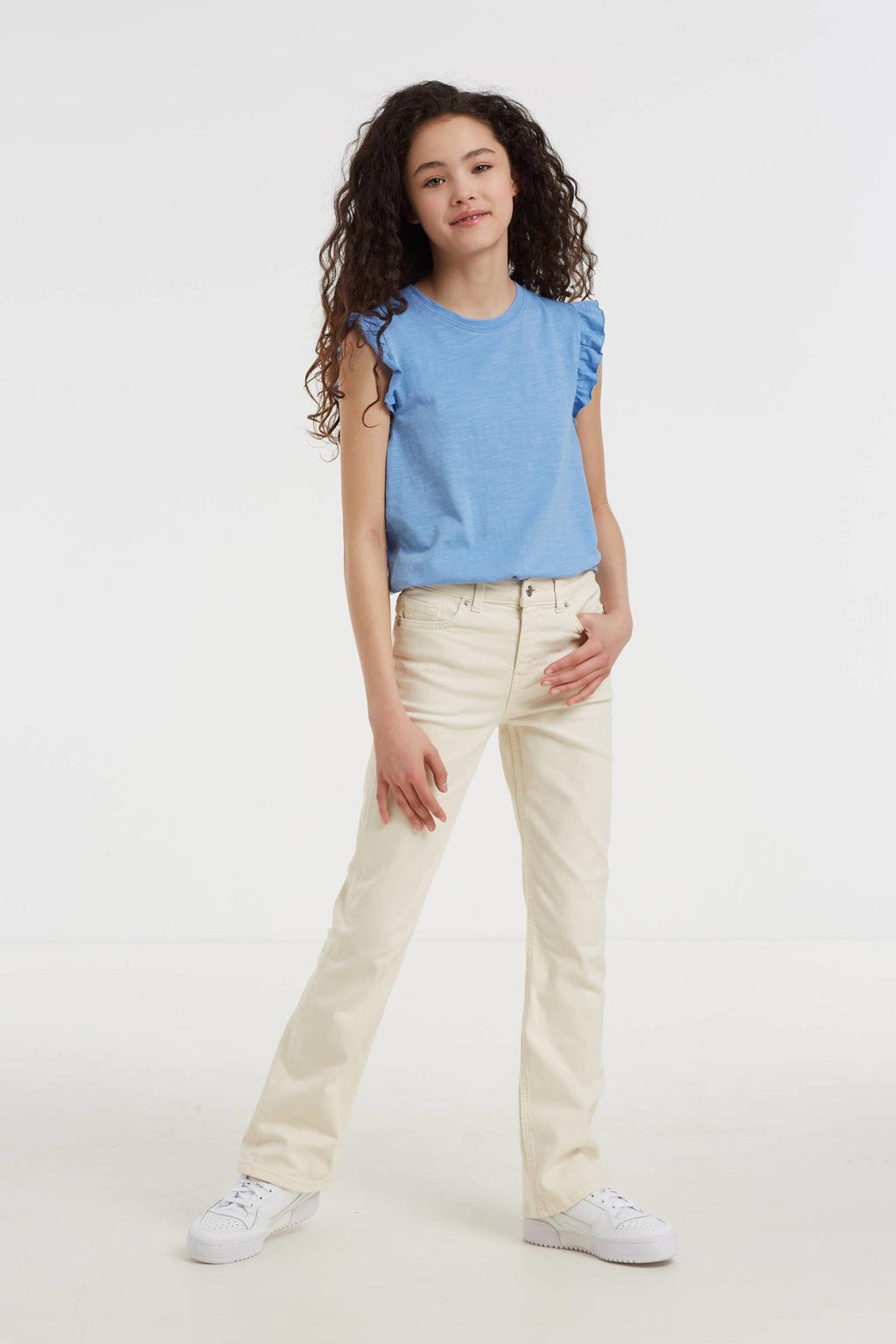 Ecru meisjes Anytime flared jeans van denim met regular waist en rits- en knoopsluiting