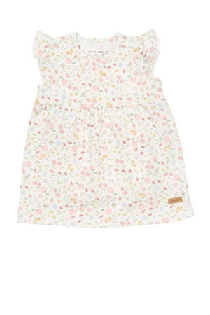 baby A-lijn jurk Flowers & Butterflies met all over print en ruches wit/roze