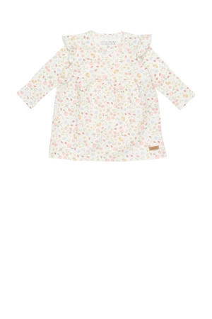 baby A-lijn jurk Flowers & Butterflies met all over print en ruches wit/roze