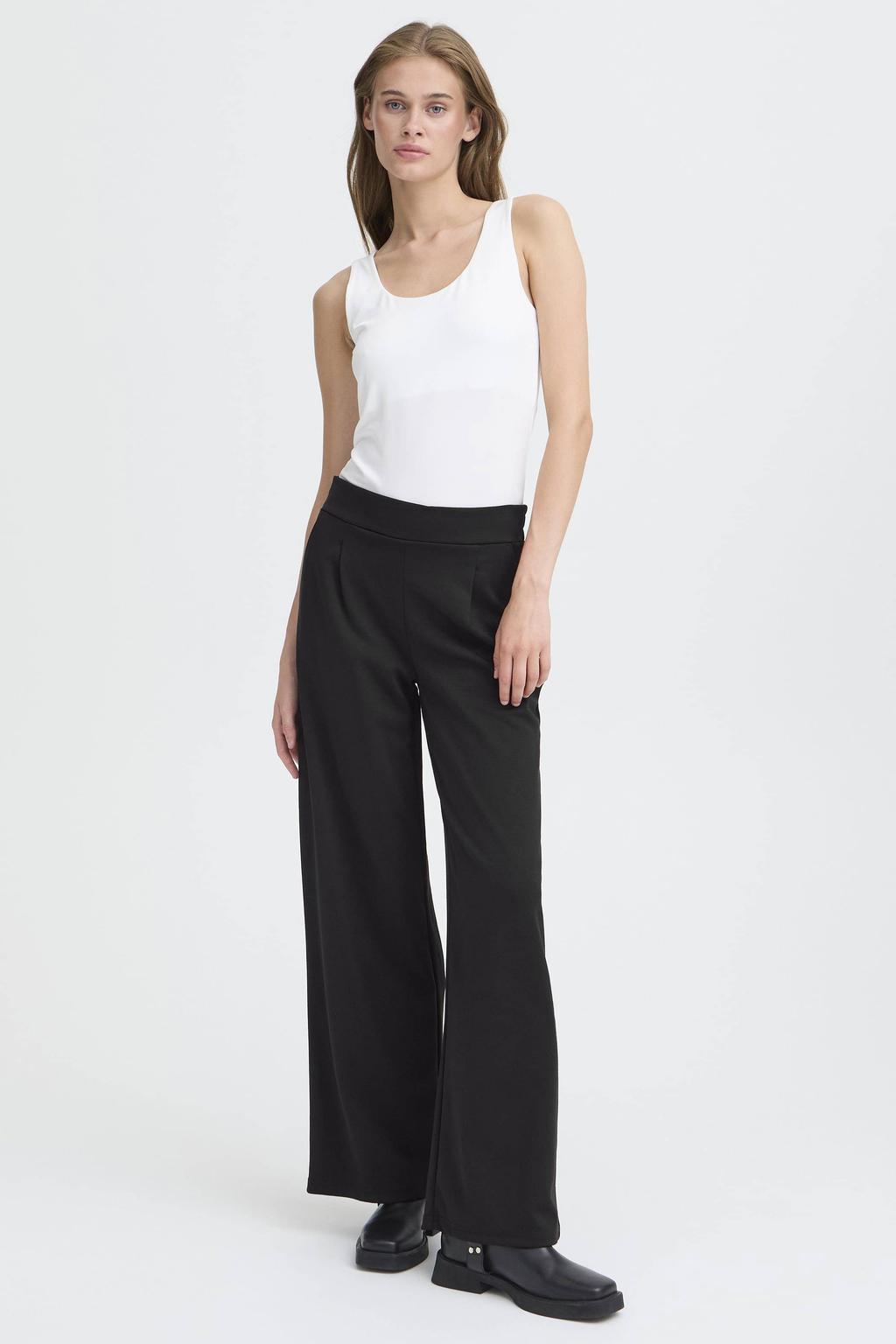 ICHI high waist wide leg pantalon IHKATE SUS LONG WIDE van polyester zwart