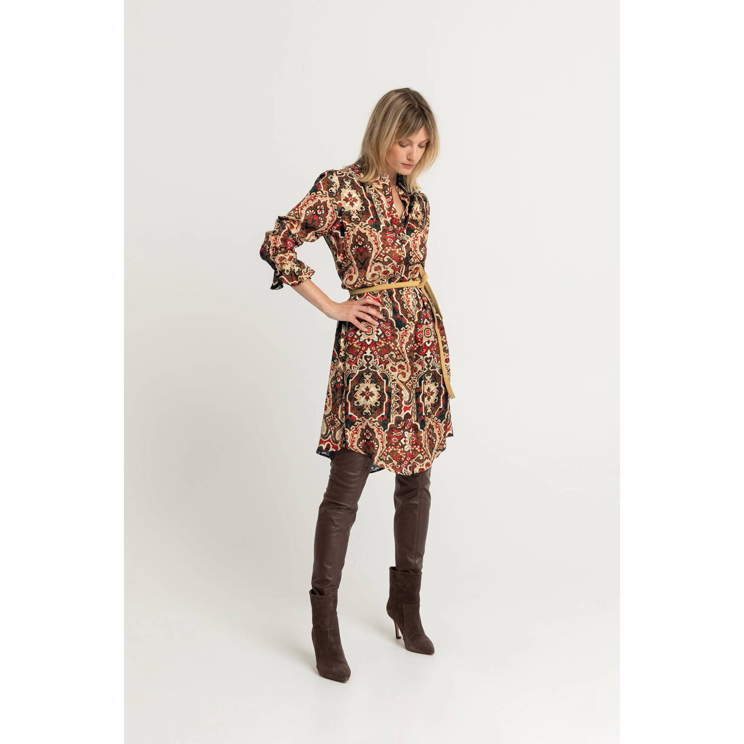 Expresso blousejurk met volant in print bruin camel ivoor rood