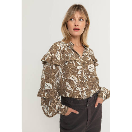 Expresso gebloemde blouse van viscose camel/ivoor