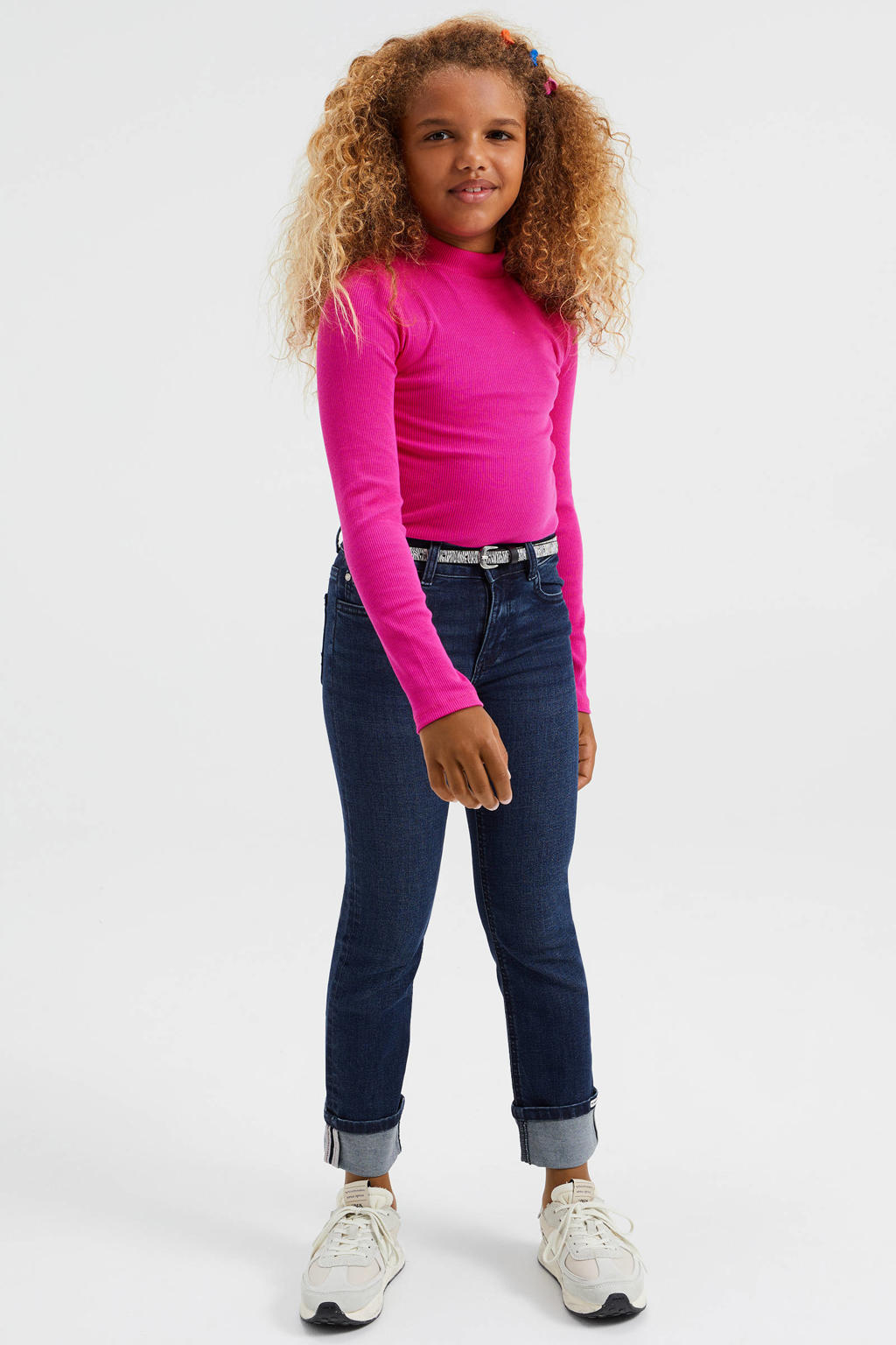 Fuchsia meisjes WE Fashion longsleeve van katoen met lange mouwen en opstaande kraag