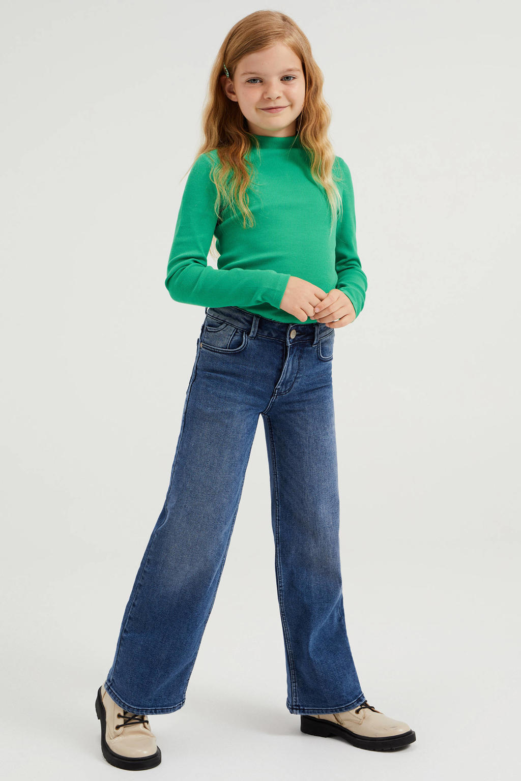 Groene meisjes WE Fashion longsleeve van katoen met lange mouwen en opstaande kraag