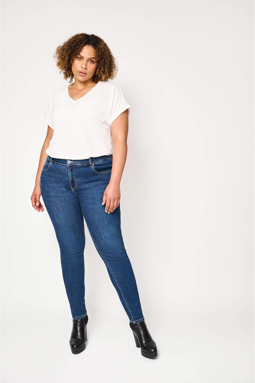 Dark blue denim dames Exxcellent skinny jeans Charlie van stretchdenim met regular waist, rits- en knoopsluiting en effen