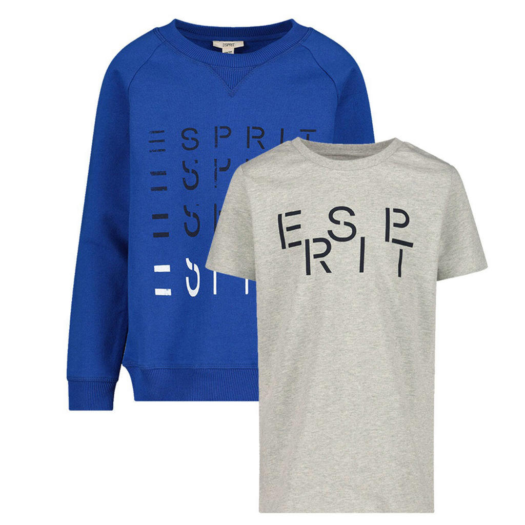 Blauw en grijze jongens ESPRIT sweater + T-shirt hardblauw melange met tekst print, lange mouwen en ronde hals