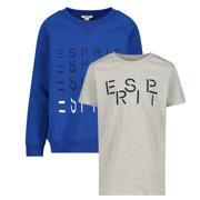 thumbnail: Blauw en grijze jongens ESPRIT sweater + T-shirt hardblauw melange met tekst print, lange mouwen en ronde hals