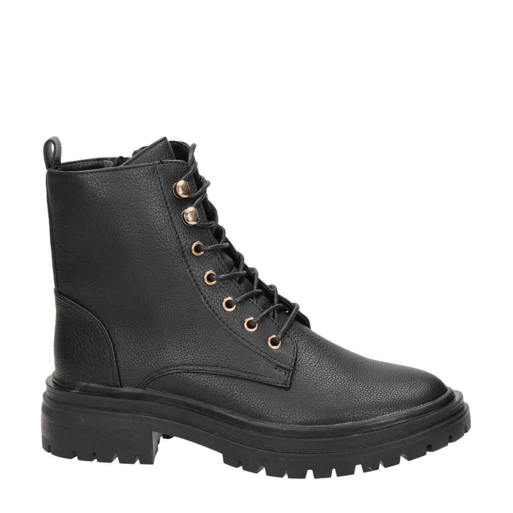 Zwarte dames Dolcis veterboots van imitatieleer met profielzool en rits- en vetersluiting