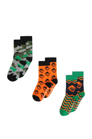 sokken met all-over print - set van 3 groen/oranje/zwart