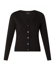 thumbnail: Zwarte dames Base Level Curvy fijngebreid vest Yvonne met effen, lange mouwen, V-hals en knoopsluiting
