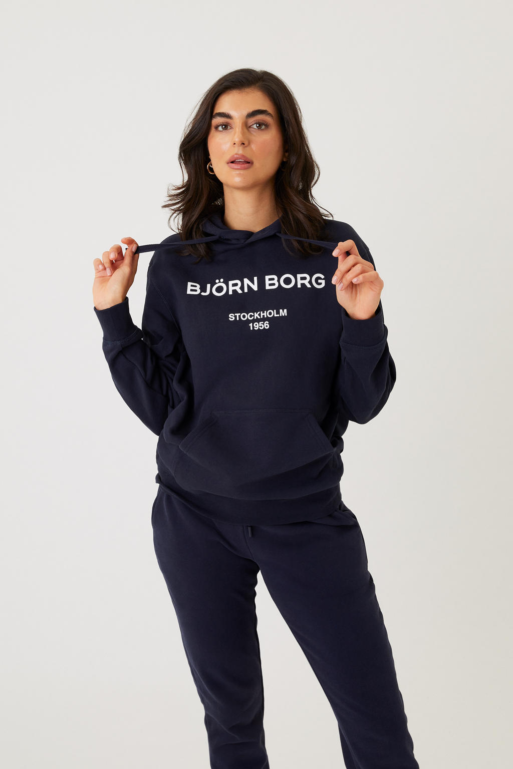Donkerblauwe dames Björn Borg hoodie van katoen met logo dessin, lange mouwen en capuchon