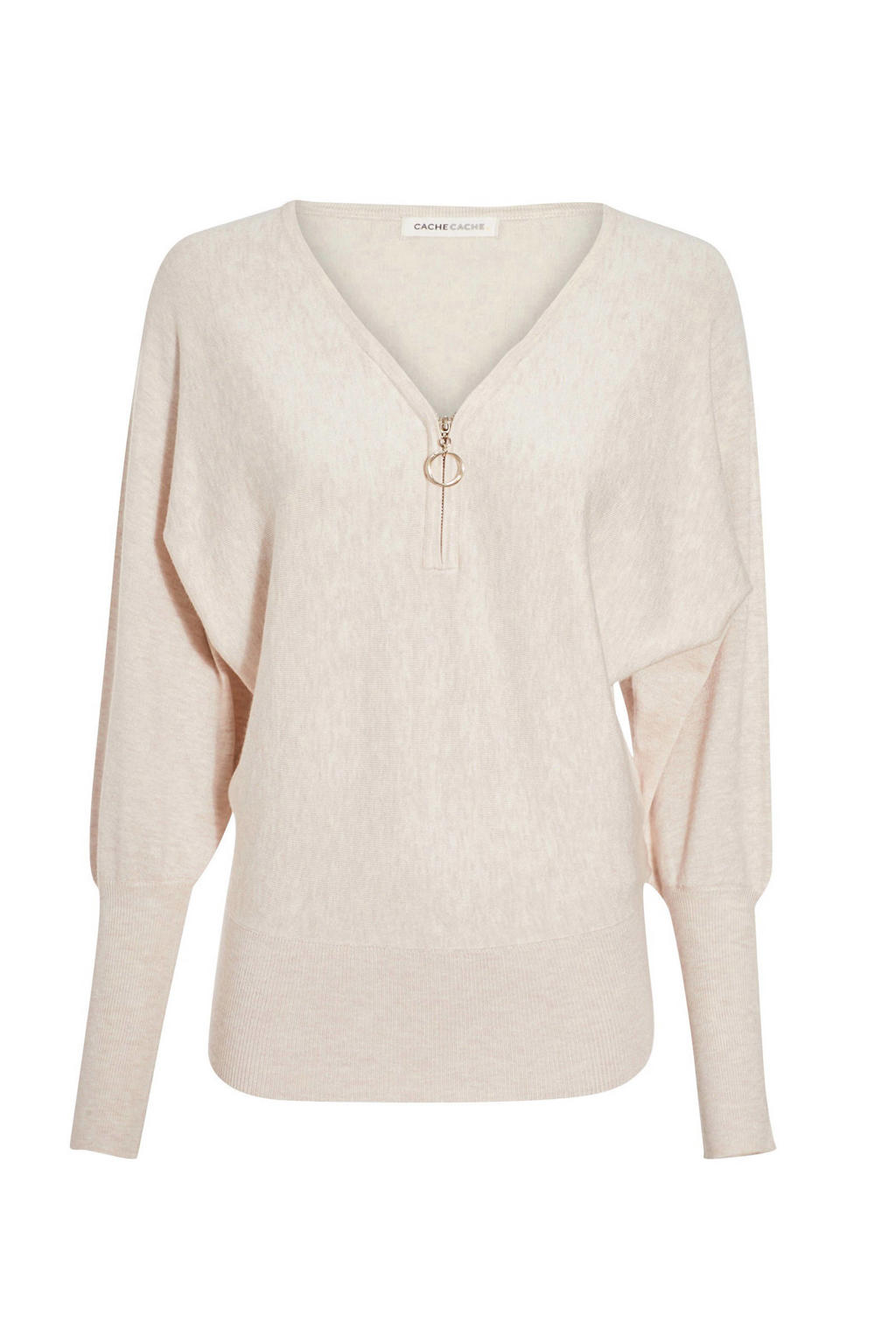 Zandkleurige dames Cache Cache trui van viscose met effen, lange mouwen, V-hals en halve rits