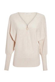 thumbnail: Zandkleurige dames Cache Cache trui van viscose met effen, lange mouwen, V-hals en halve rits