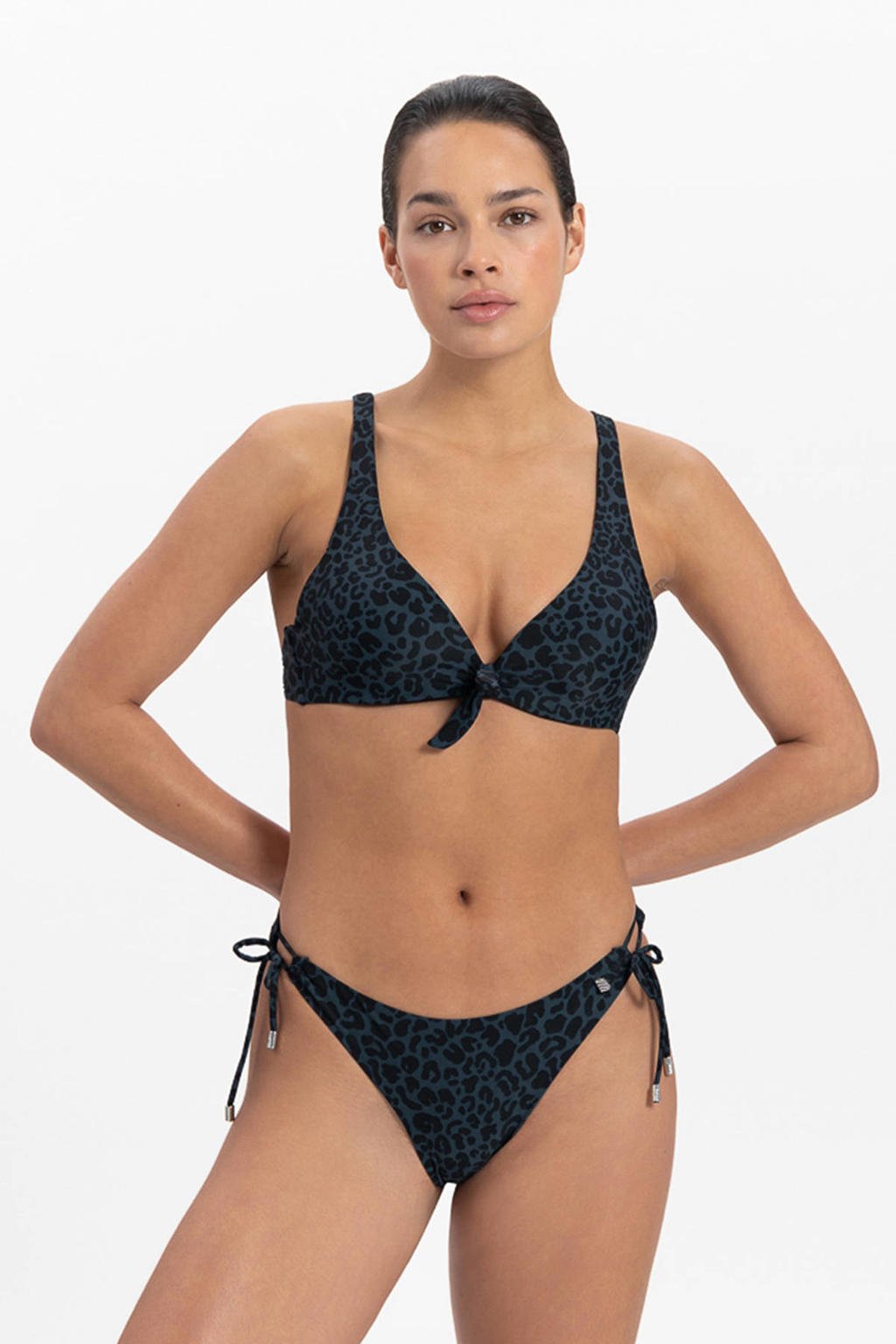 Beachlife strik bikinibroekje met panterprint donkerblauw/zwart