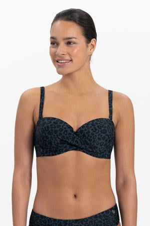 voorgevormde strapless bandeau bikinitop met panterprint donkerblauw/zwart