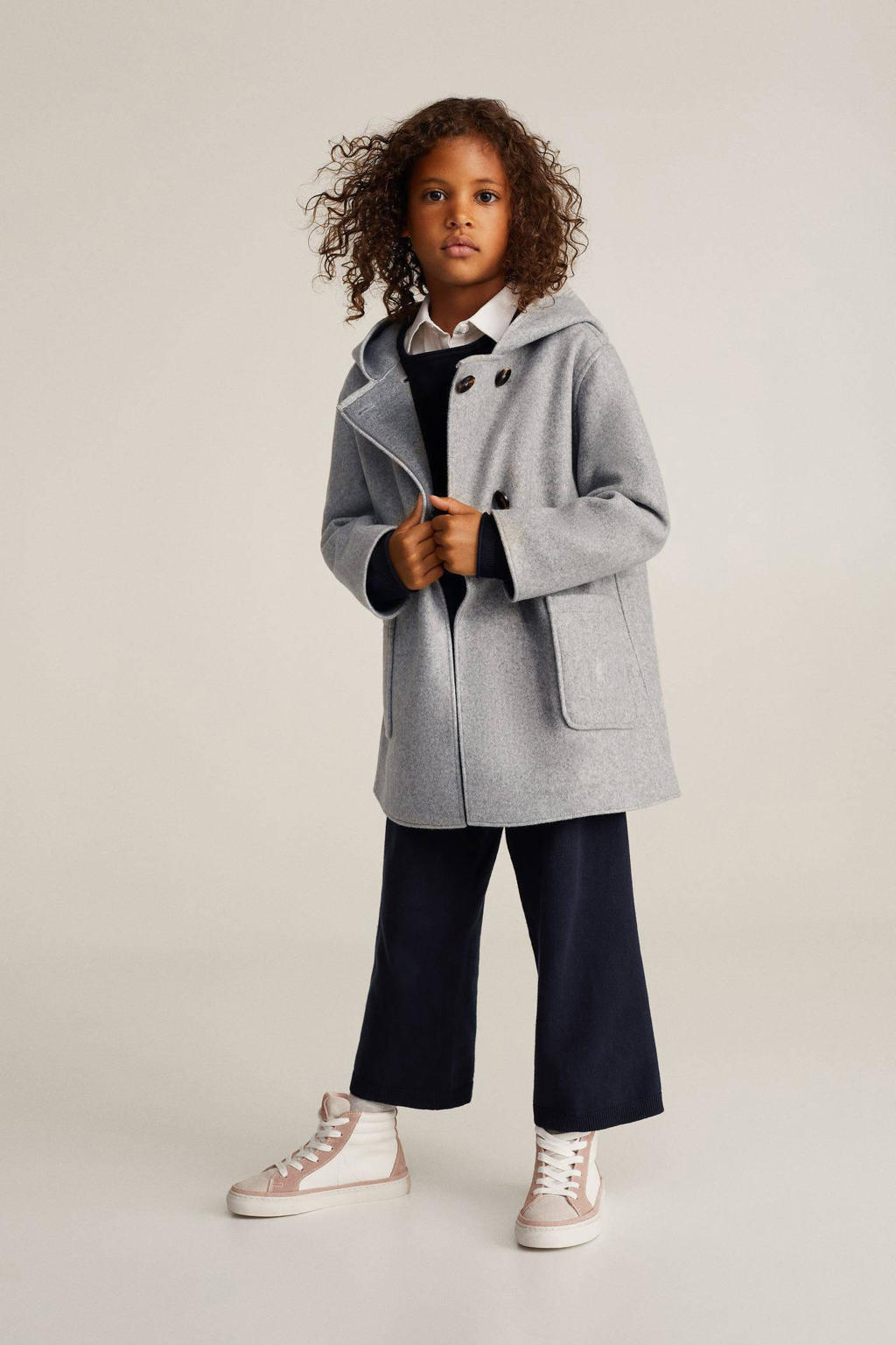 Grijze meisjes Mango Kids winterjas van polyester met lange mouwen, capuchon en double breasted sluiting