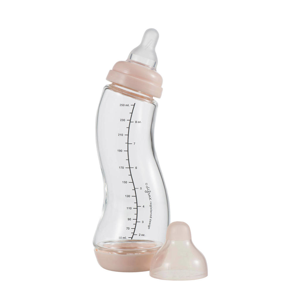 Difrax Natural Glazen S-Babyfles Anti Koliek - 250 ml - Lichtroze - Anti Colic tegen krampjes