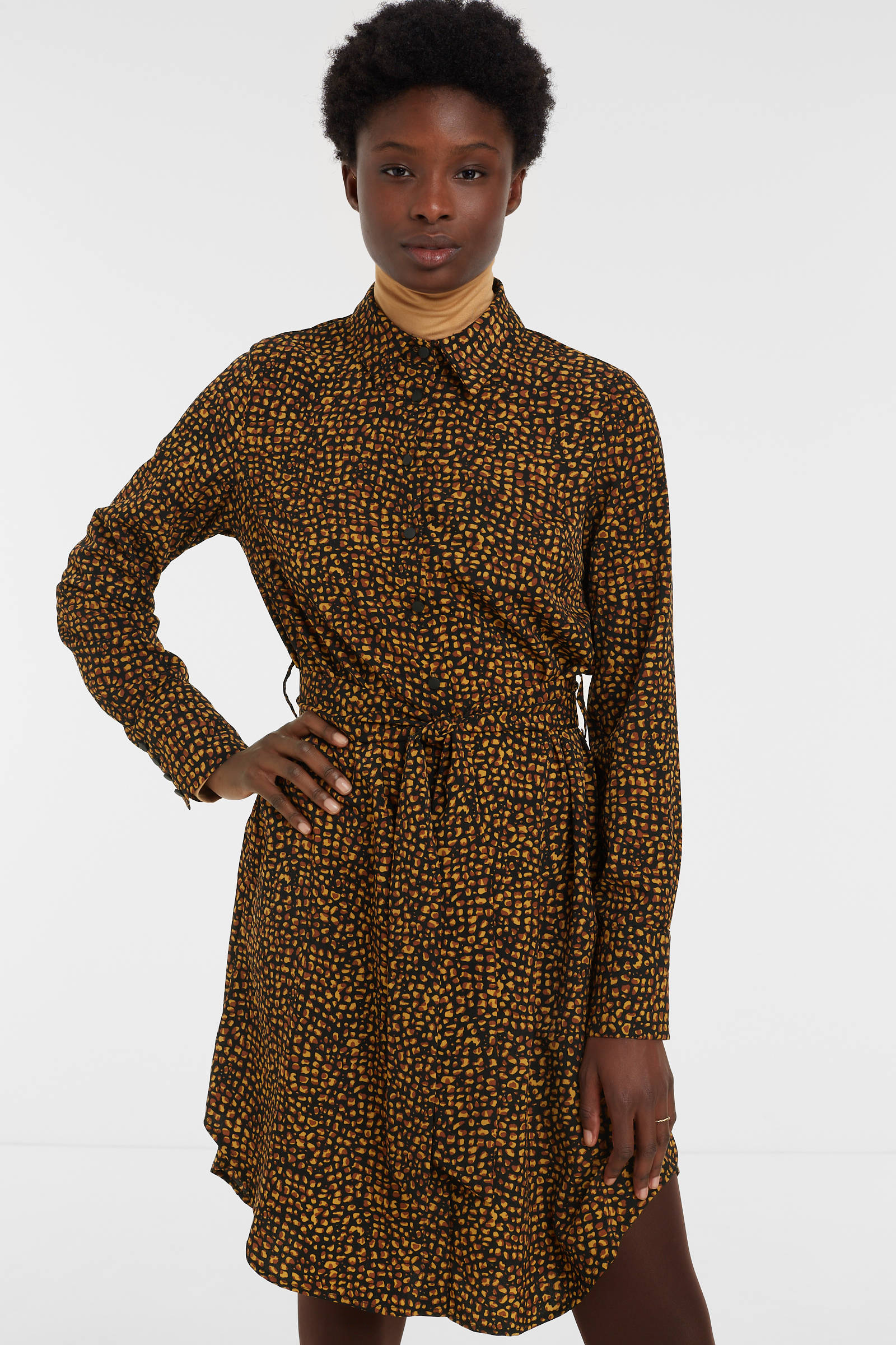 Lofty Manner blousejurk Sascha met grafische print en ceintuur  zwart/bruin/geel | wehkamp