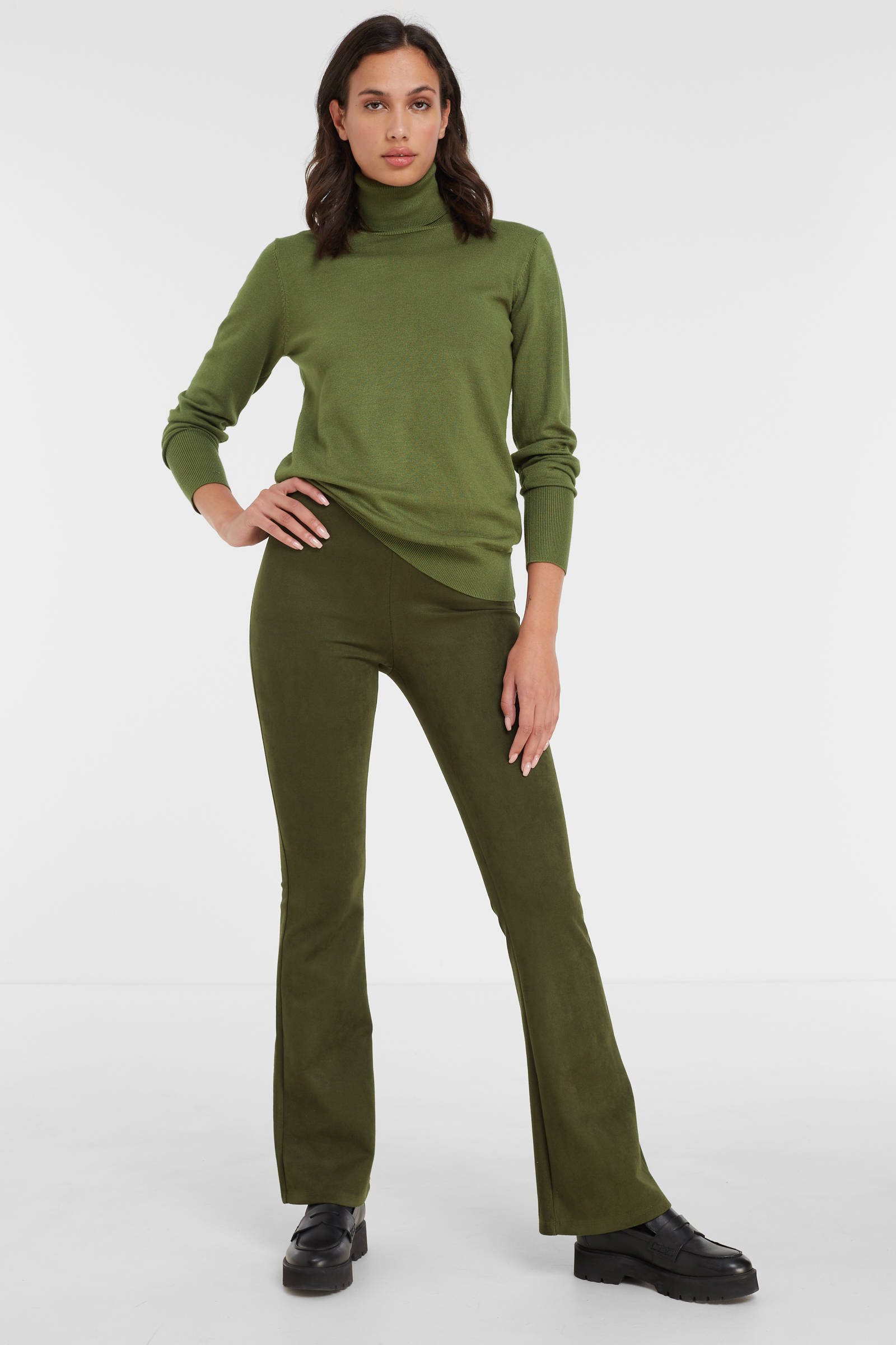 anytime suedine flared broek khaki | wehkamp