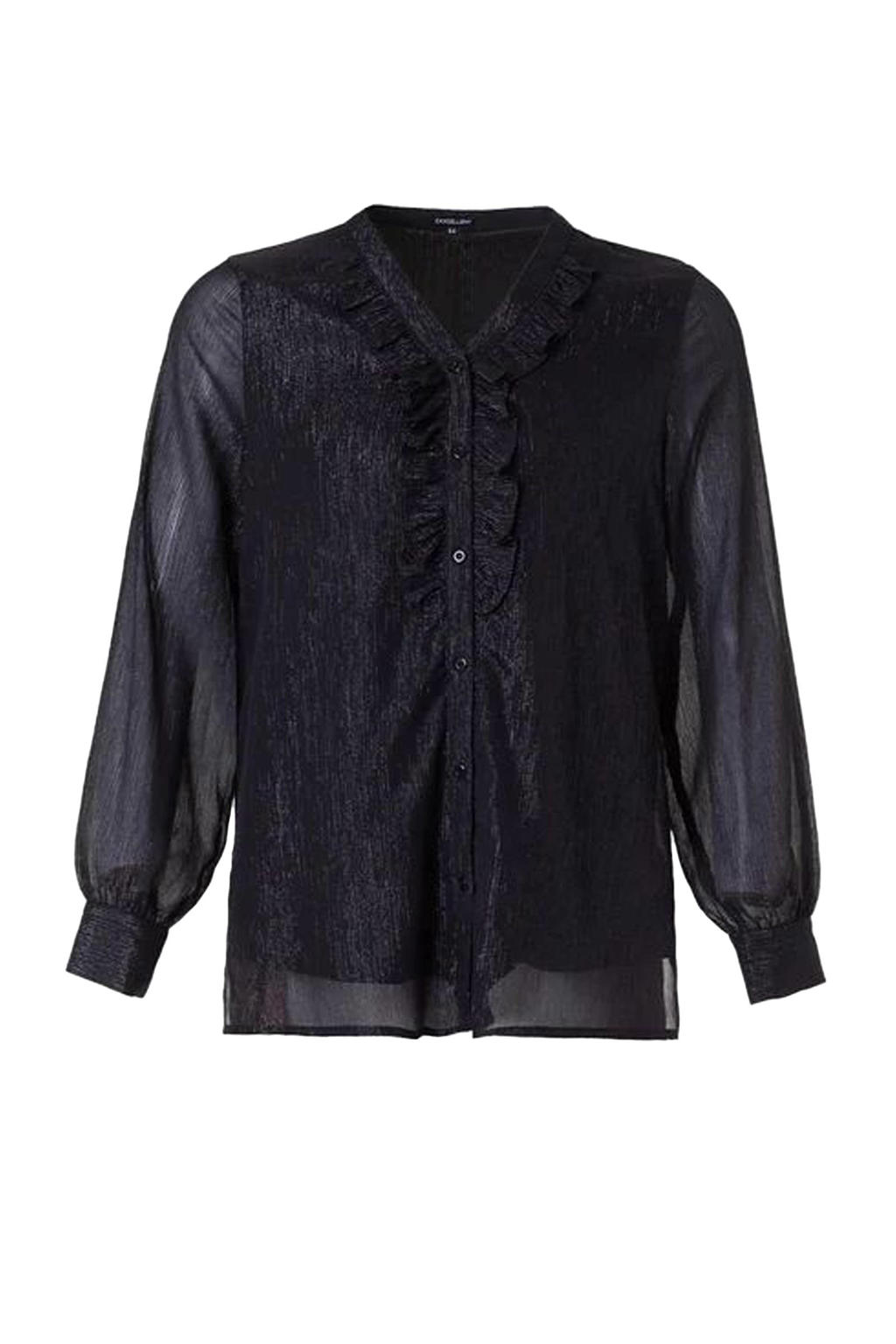 Zwarte dames Exxcellent semi-transparante blouse Molly van polyester met lange mouwen, V-hals, knoopsluiting en ruches