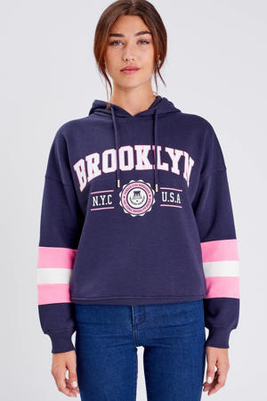 hoodie met printopdruk donkerblauw/roze/wit
