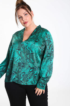 satijnen blousetop met slangenprint turquoise./zwart